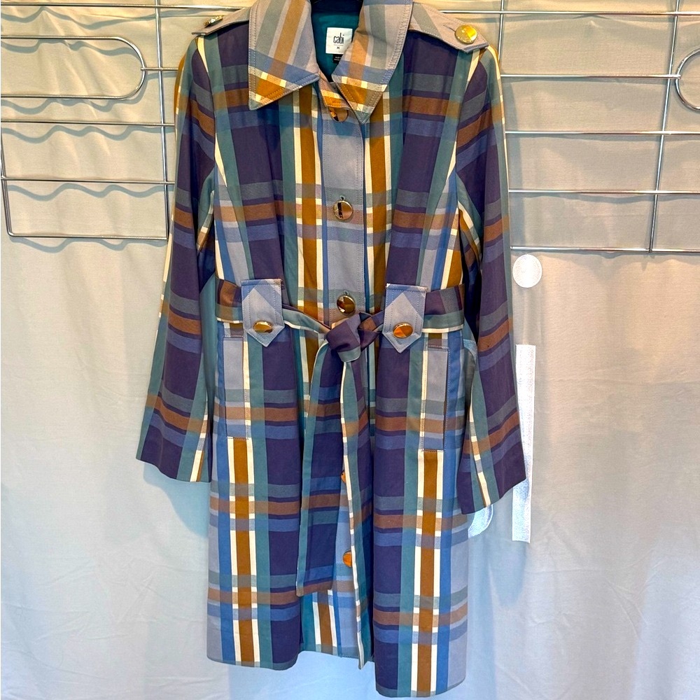 Cabi Highclere Trench #6248; modern plaid; Women's Trench Coat BNWT; Blue; Cream